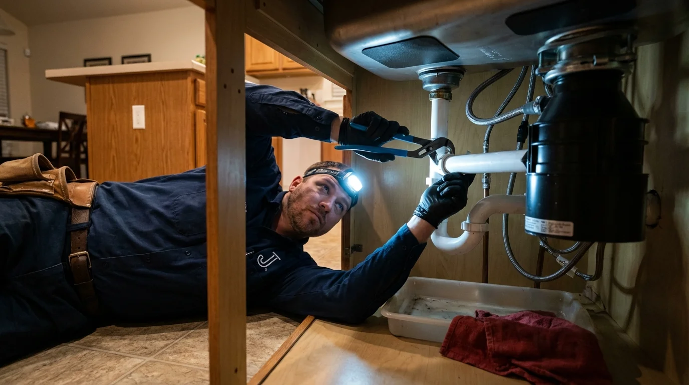 P-trap and supply line connections under a kitchen sink showing a common leak point in Thomasville, AL